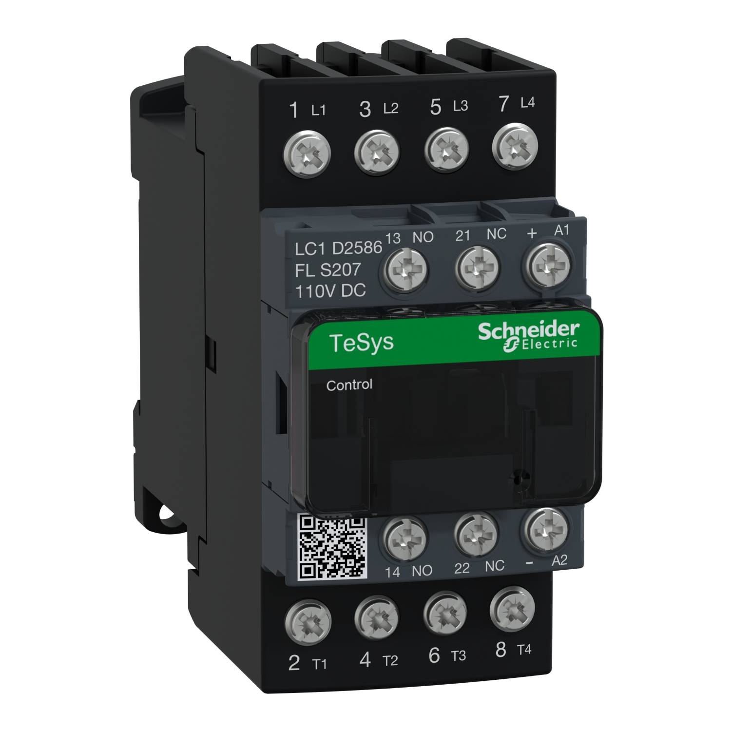 Contactor by Schneider Electric, TeSys model, with multiple connections and a QR code, suitable for industrial applications.