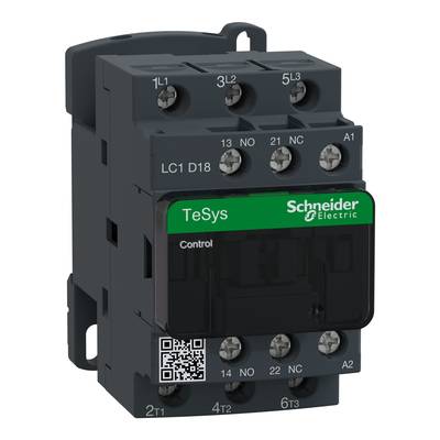 Contactor by Schneider Electric with the designation TeSys. Front view shows connections and a QR code for product details.