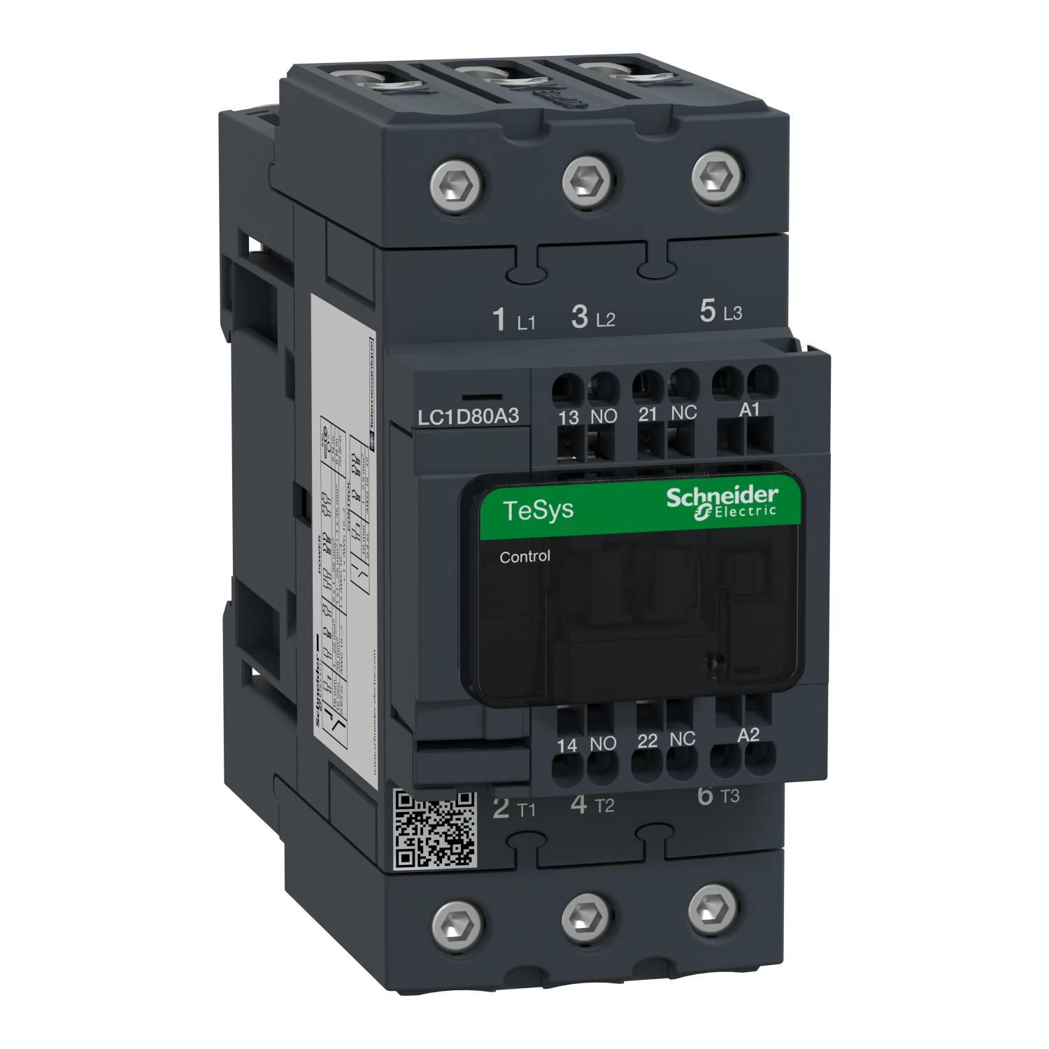 A black performance switch with the inscription 'TeSys Schneider Electric Control', showing numerous connection points at the front.