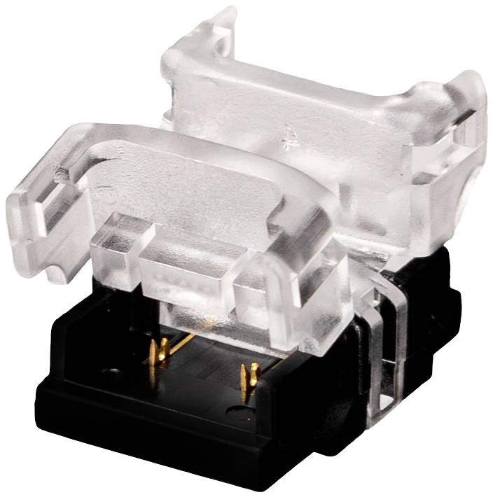 A transparent plastic plug with metallic contacts, suitable for electrical connections.