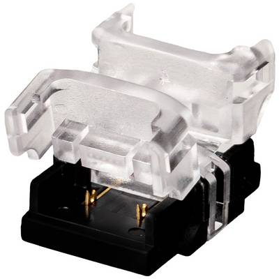 A transparent plastic plug with metallic contacts, suitable for electrical connections.