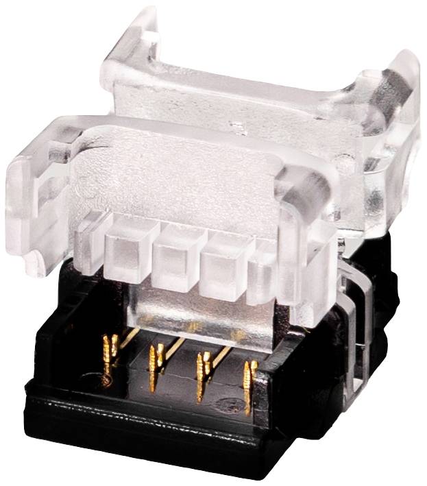 A transparent RJ45 network plug with gold-plated contacts, highlighting the connection of electrical components in a network.