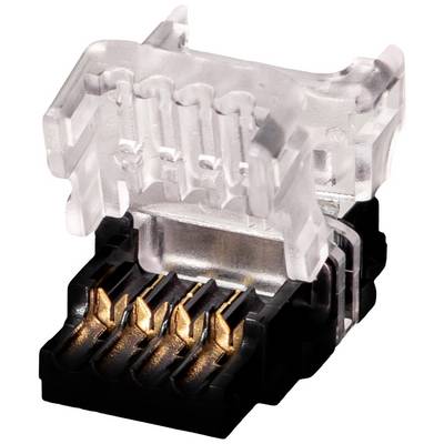 A transparent modular plug with metal contacts, typically used for Ethernet cables.