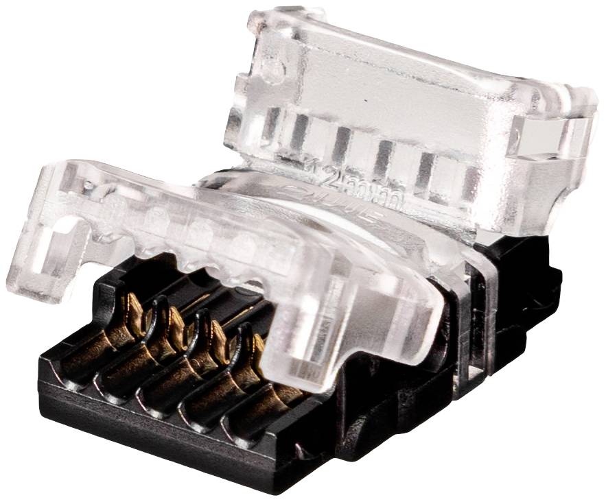 'An RJ45 plug with a transparent plastic housing, revealing the metal contacts used for network connections.'