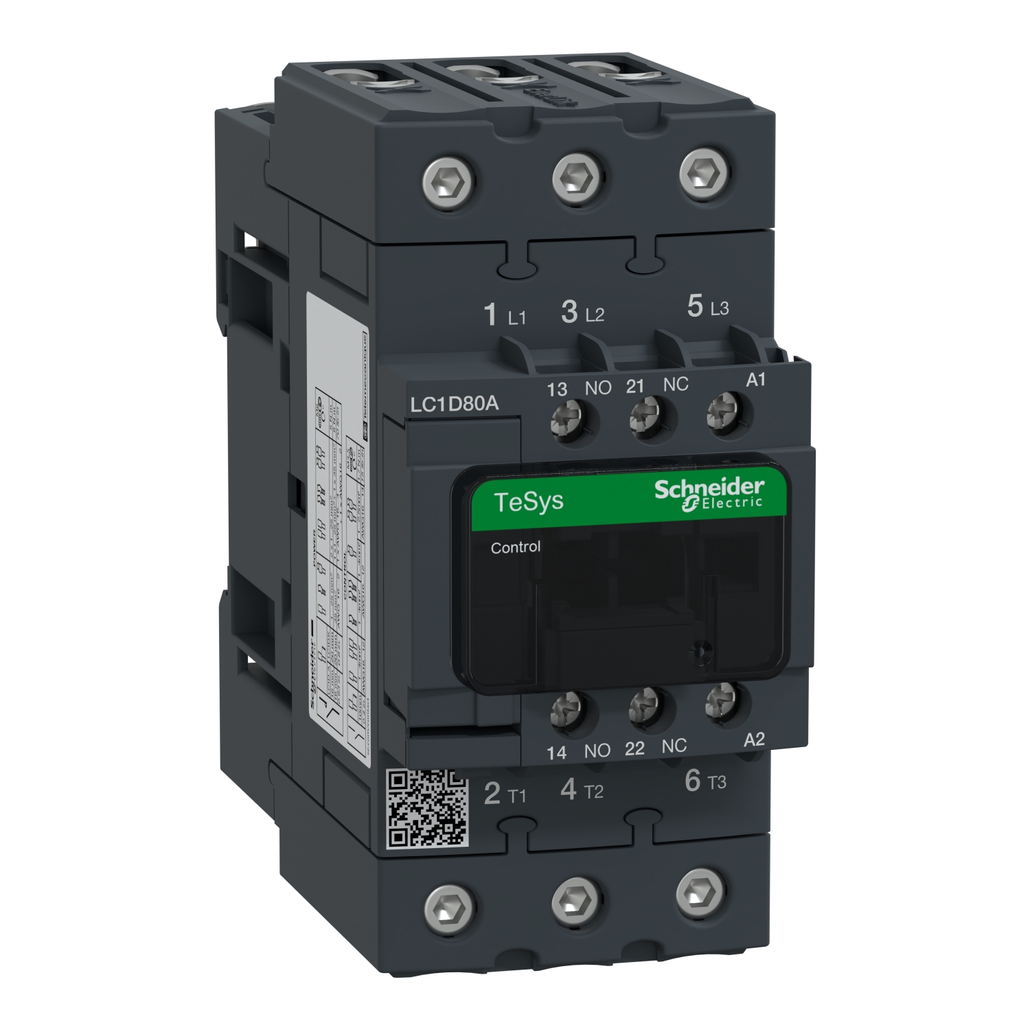 Contactor by Schneider Electric, Model LC1D80A, with green 'TeSys' and 'Schneider Electric' logo, suitable for industrial control systems.