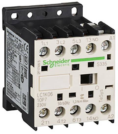 An electrical contactor by Schneider Electric, model LC1K06, 10A, 230V, with multiple terminal blocks at the top and bottom.