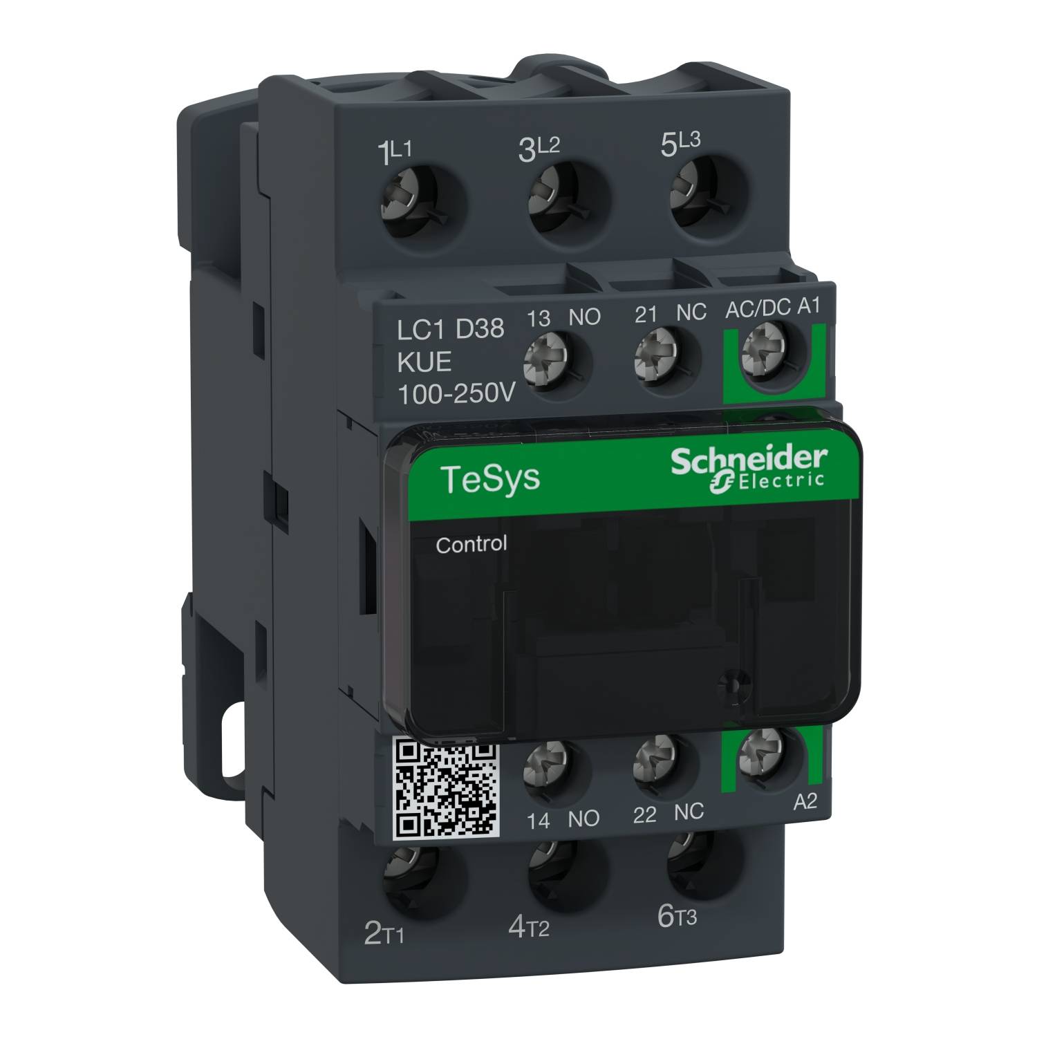 A black and green contactor with the inscription 'Schneider Electric TeSys'. Connections and electrical specifications are visible.
