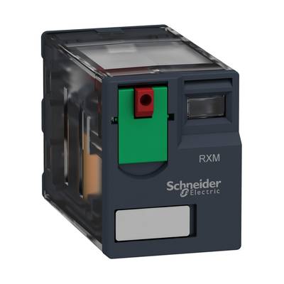 A Schneider Electric relay, RXM model, in a transparent housing with green and red buttons for operation and control.