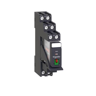 Switching device by Schneider Electric with a black housing and green button, showing front and side connections.
