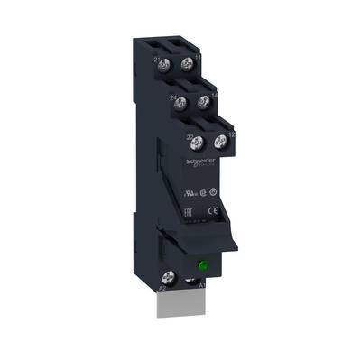 Industrial relay block in black with multiple connections, manufactured by Schneider Electric, showing technical specifications and CE marking.