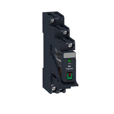 Industrial contactor from Schneider Electric, model RXM, shows the front view of the device with its connection points and green power button.