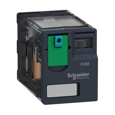 A square electrical relay from Schneider Electric with a green switch, model number RXM, on a grey housing.