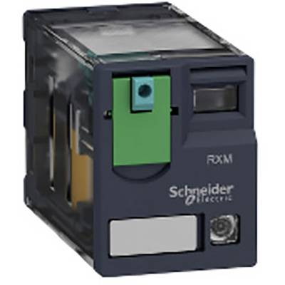 A black electrical relay system from Schneider Electric with a green marking on the side. Model RXM.