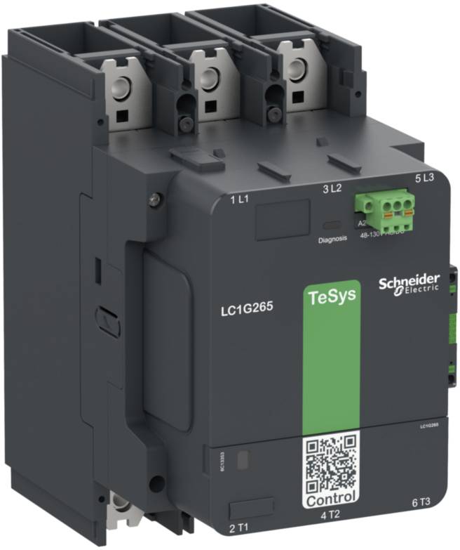 Image of a TeSys contactor by Schneider Electric, model LC1G265, with green and grey elements and connections at the top.