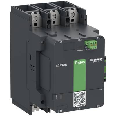 Image of a TeSys contactor by Schneider Electric, model LC1G265, with green and grey elements and connections at the top.