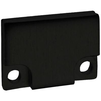 Black rectangular metal piece with two holes, likely part of a mounting or fixing bracket.