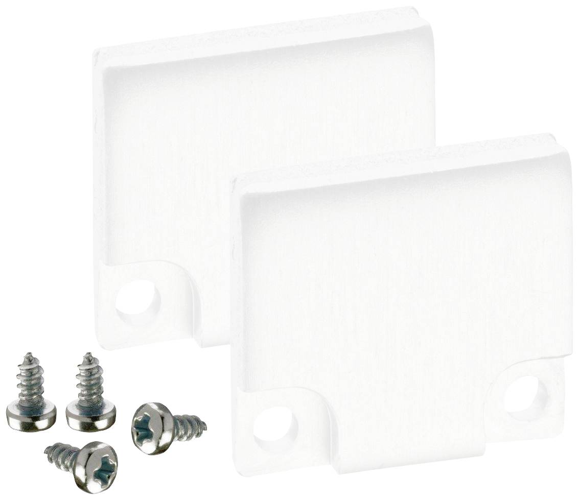 Two white mounting clips with four screws, used for securely fastening objects.