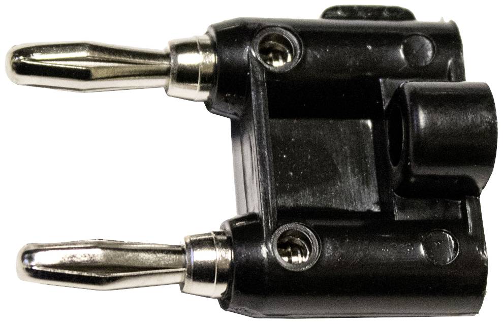 Black speaker banana plug with two metal pins, suitable for connecting to an audio amplifier or speaker.