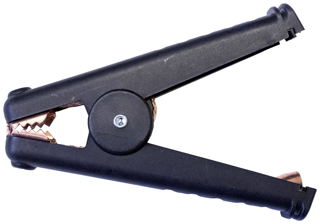 Black jump lead with metal contact. Used for charging or starting a vehicle.