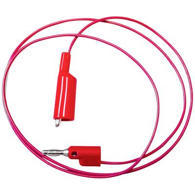 A red cable with crocodile clips at both ends, used for connecting electrical components in experiments or tests.