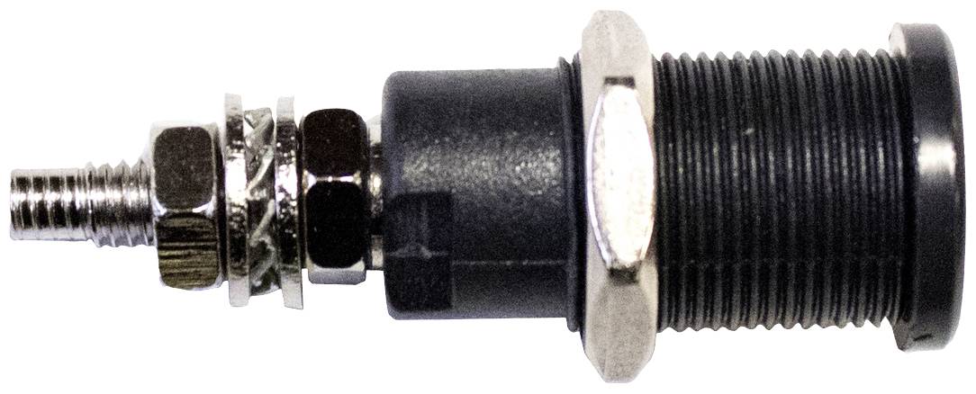 A black metal plug with a thread and a silver nut.