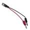 'BNC adapter to banana plugs; one end with BNC connector, the other with red and black banana plugs.'