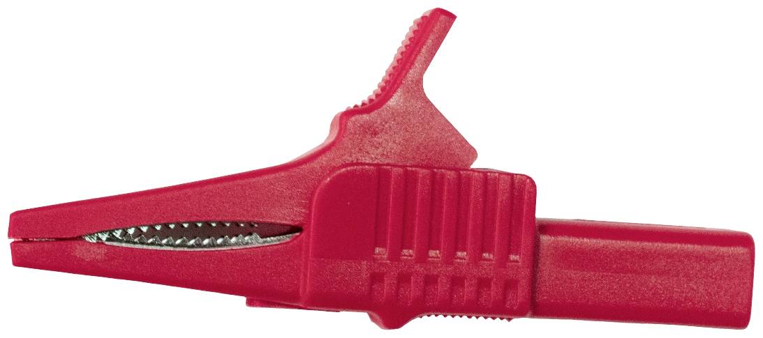 Red crocodile clip with serrated gripping surfaces and insulated handle, used for electrical connections.