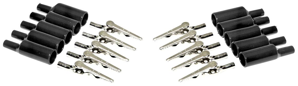 'Set of black plastic sleeves and silver crocodile clips, symmetrically arranged, on a white background.'