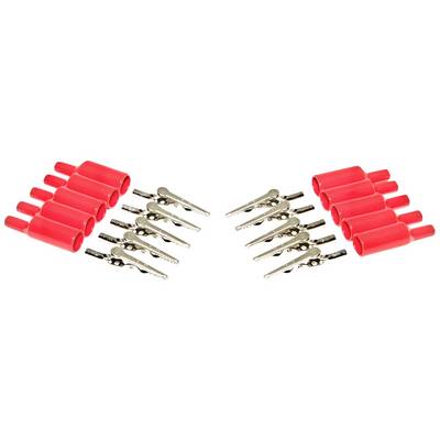 Red plastic sleeves and silver crocodile clips lie in two symmetrical groups side by side on a white background.