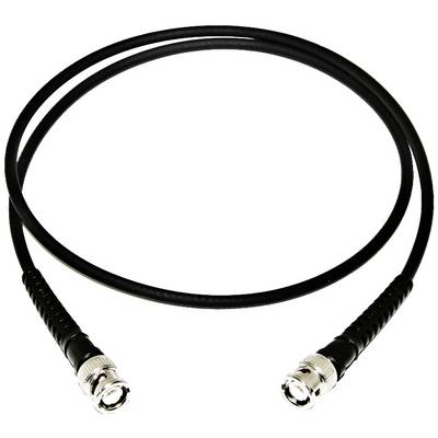 A black coaxial cable with two silver connectors at the ends, commonly used for transmitting video or audio signals.