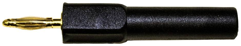 A black banana plug with a gold-plated tip, used for connecting speaker cables or electrical devices.