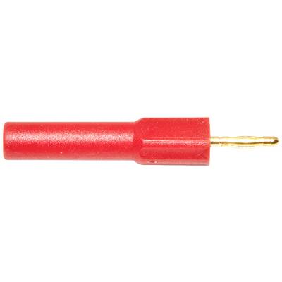 Red banana plug with metal contact, for secure electrical connections.