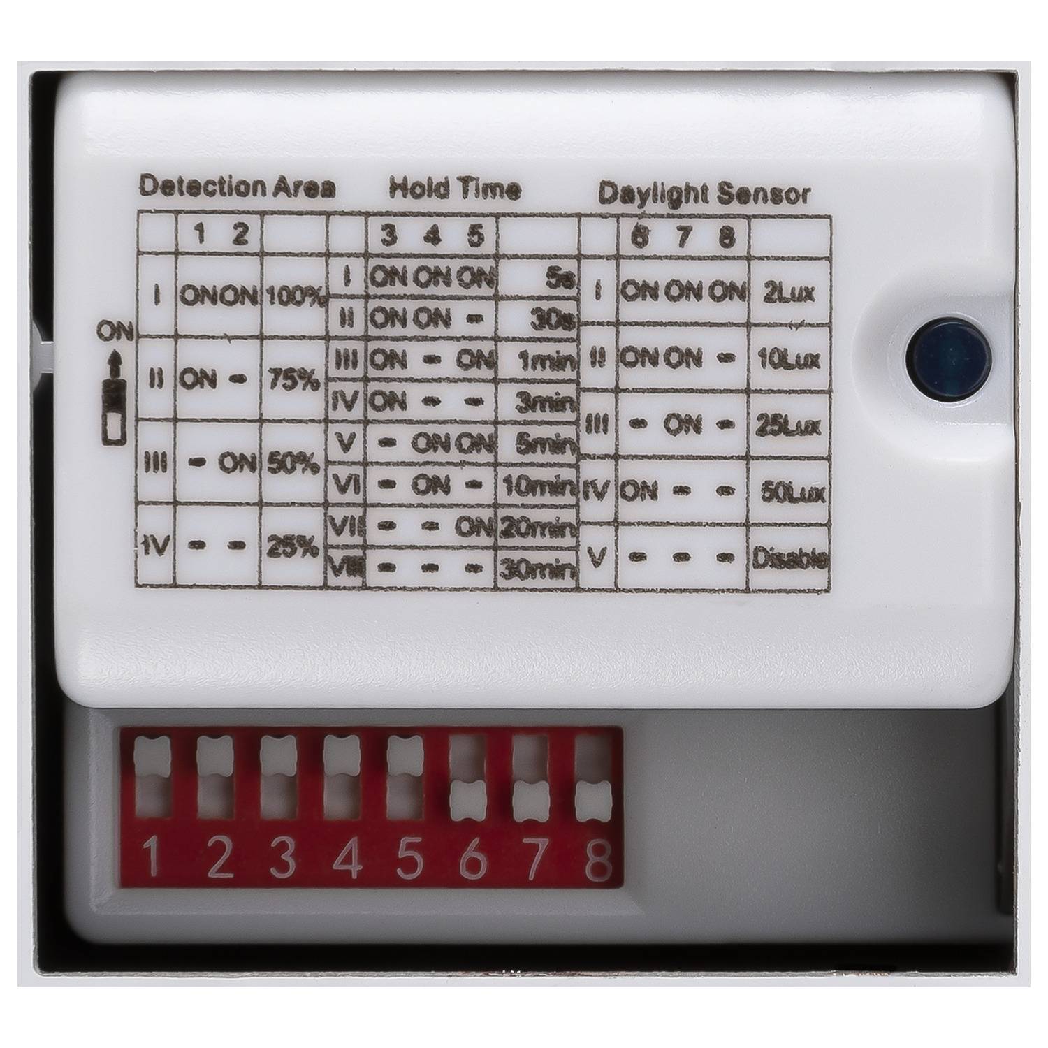 A sensor with switches for adjusting detection range, hold time, and daylight sensor levels. Shows switch positions and options.