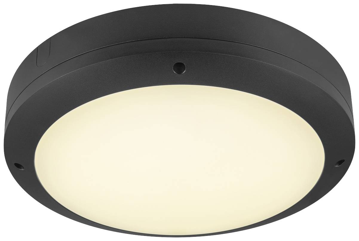 Black, round LED ceiling light with white cover, suitable for modern interiors.