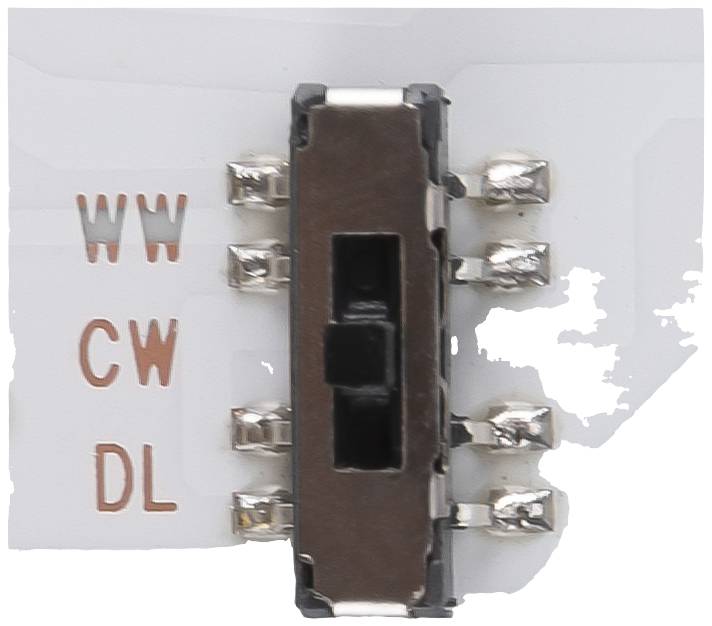 Sliding switch for LED strips with three positions, marked with 'WW', 'CW' and 'DL', for selecting colour temperatures.