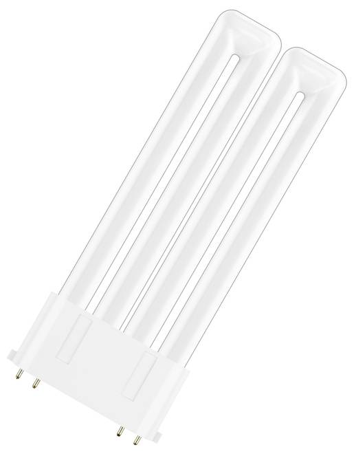 A white, twin-tube fluorescent light bulb with four pins at the base, suitable for energy-efficient lighting fixtures.