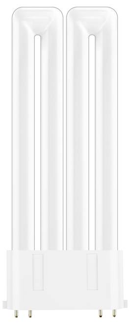 A compact fluorescent light bulb with a U-shaped glass tube and four metal prongs at the base.