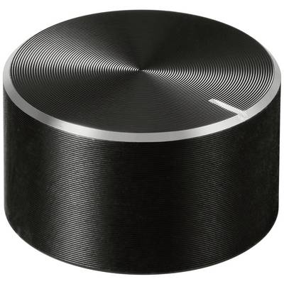 A black, ridged rotary knob with a metallic top surface and a small marking to indicate the position.