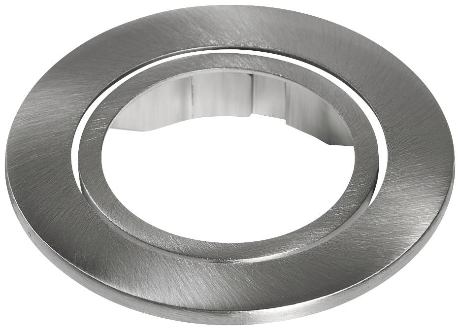 A silver metal ring with a smooth, brushed surface lies on a white background.