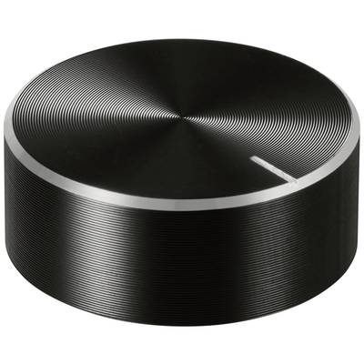 Black, circular rotary knob with silver accents. Texture consists of fine concentric lines. Purpose unclear.