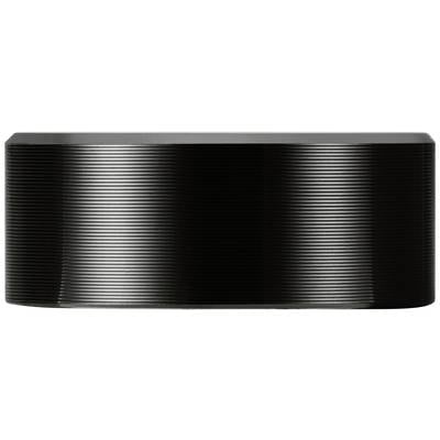 A smooth, cylindrical, black lens cap with horizontal grooves, possibly for a camera or similar device.