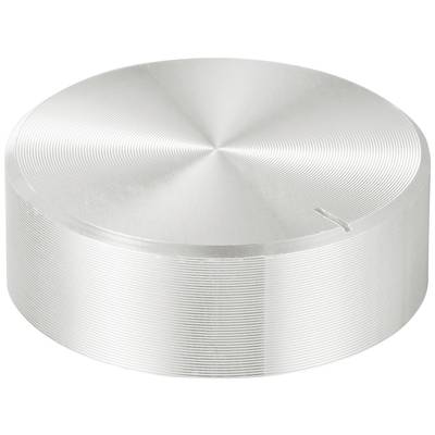 A silver metal adjustment knob with a knurled surface. It has a marking for position detection. Suitable for electronic devices.