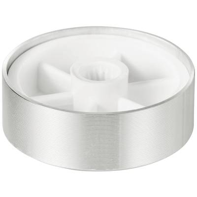 A white plastic wheel with a silver groove around the edge, potentially a spare part for a mechanical device.