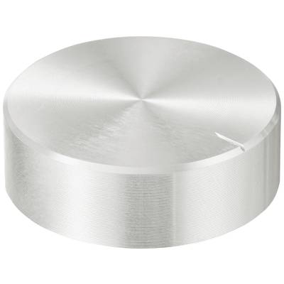 A large, silver, metallic button with a marking to indicate position. Suitable for an electronic device or machine.