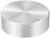 A large, silver, metallic button with a marking to indicate position. Suitable for an electronic device or machine.