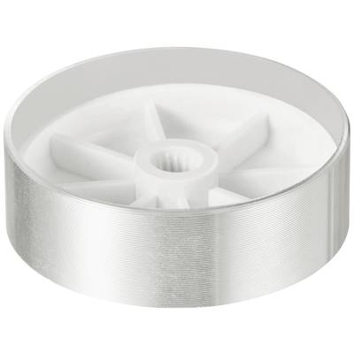 A white plastic wheel with a silver rim and spoke-like structure.