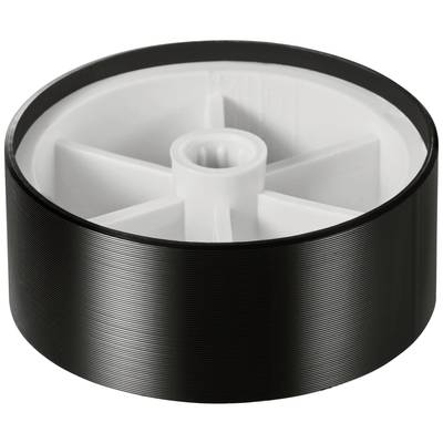 Black plastic wheel with white core and six spokes in close-up. The wheel is smooth and glossy, suitable for toys.