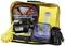 Emergency kit comprising jump leads, rain poncho, air compressor, gloves, warning light and tow rope in yellow bag.