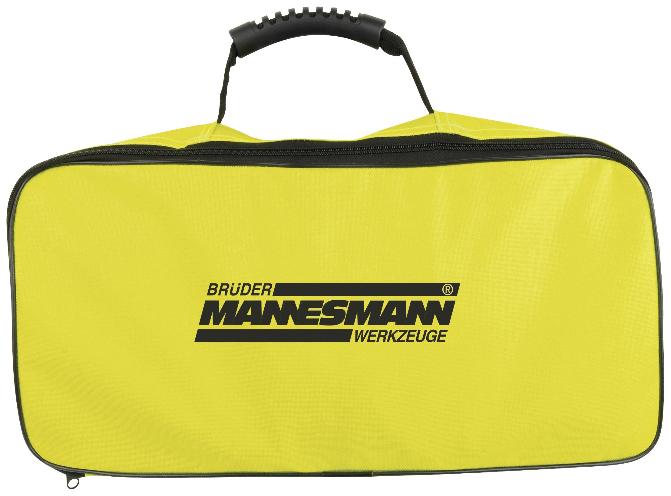 Yellow tool bag with black handle and black print 'Brüder Mannesmann Tools'.
