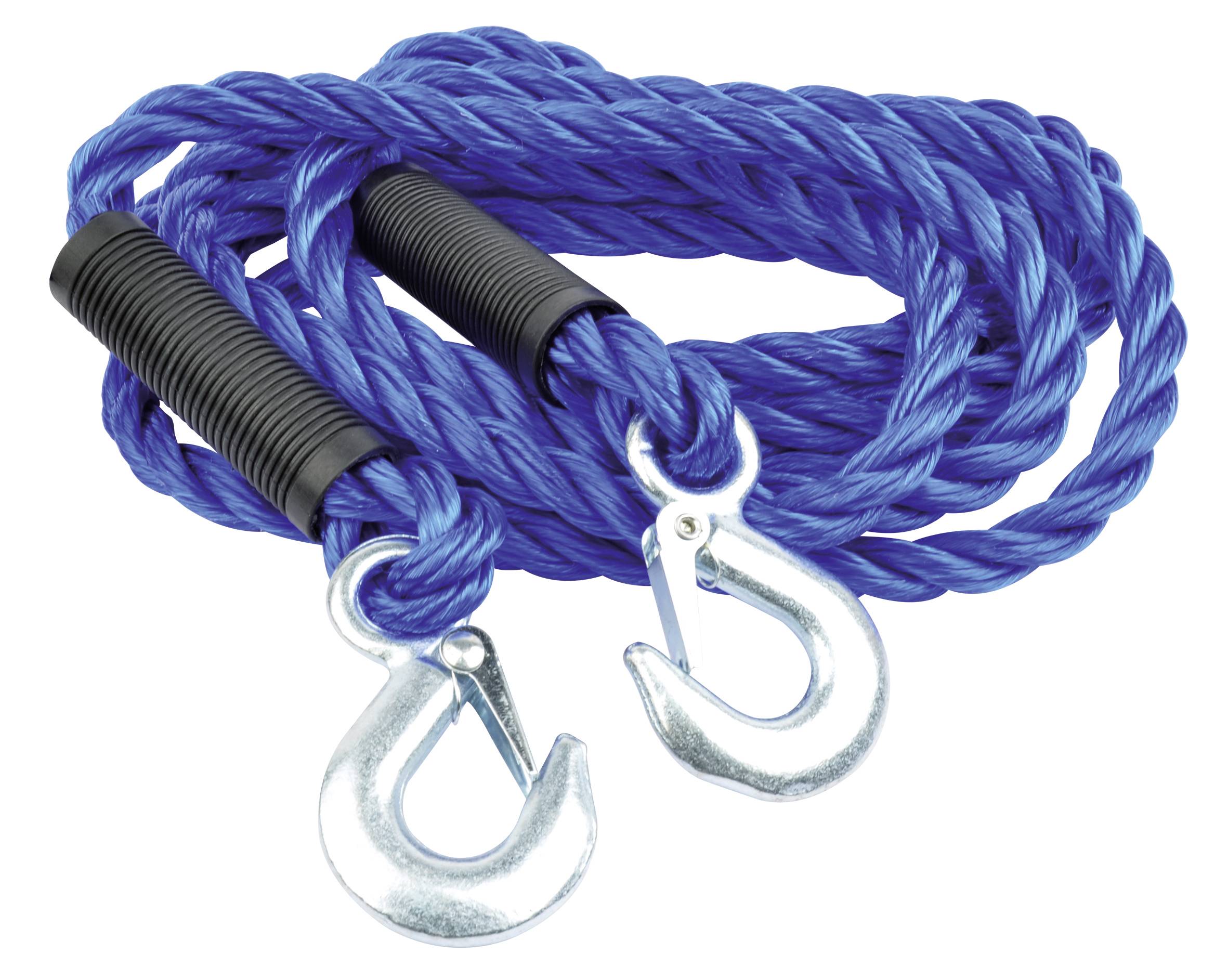 A blue towing rope with two metal hooks, suitable for pulling vehicles.